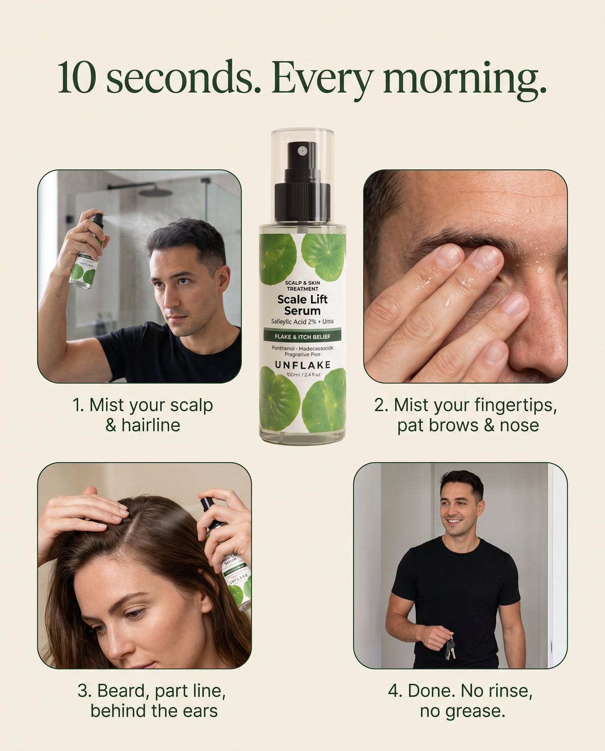 10 seconds every morning: scalp, brows, nose, beard