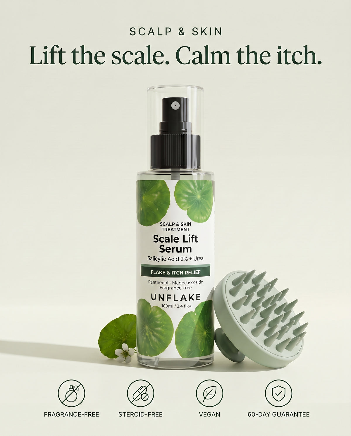 UNFLAKE Scale Lift Serum for scalp and skin: fragrance-free, steroid-free, vegan, 60-day guarantee